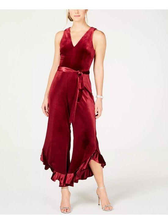 Betsey Johnson Velvet Jumpsuit Sleeveless Ruffled Wide Leg Red Burgundy Size 8 - Picture 10 of 11